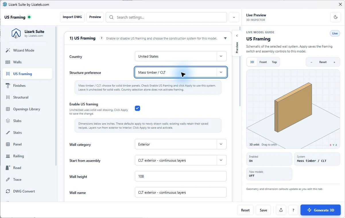 Fresh Lizark Settings capture showing the United States mass timber CLT profile and panel schematic