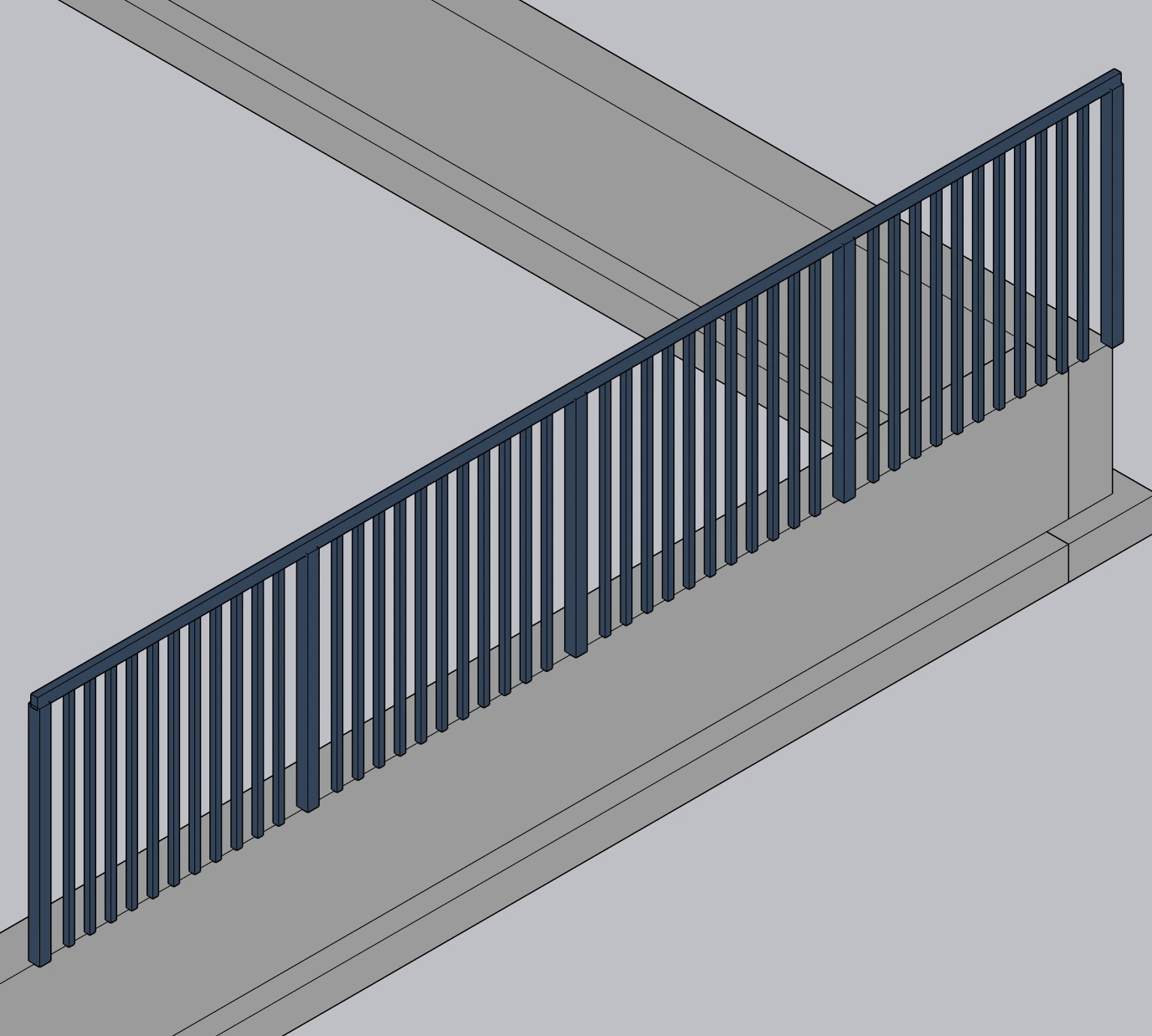 Fresh SketchUp capture of a straight metal baluster railing along a reference wall edge