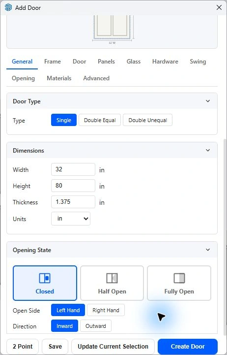 Door dimensions, inch units, closed state, left handing, inward swing and Create Door button