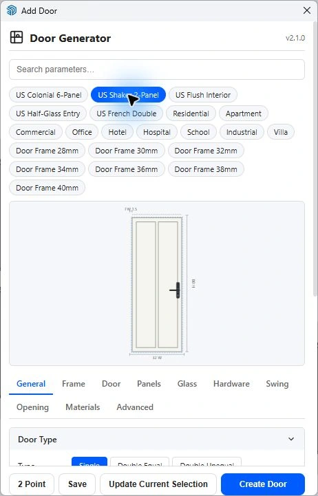 Door Generator with the US Shaker 2-Panel preset highlighted