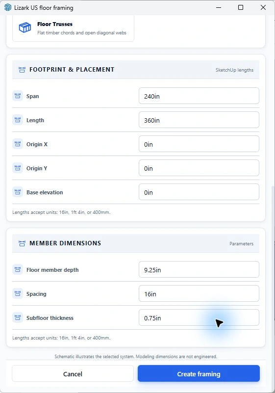 Shared US floor builder fields used to enter a different raised platform footprint
