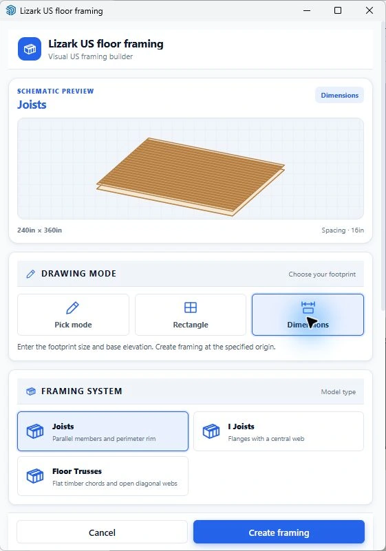 Lizark US floor builder with Dimensions mode and Joists selected