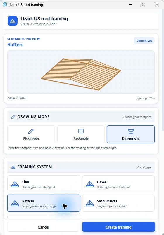 US roof framing builder with Dimensions and Rafters selected