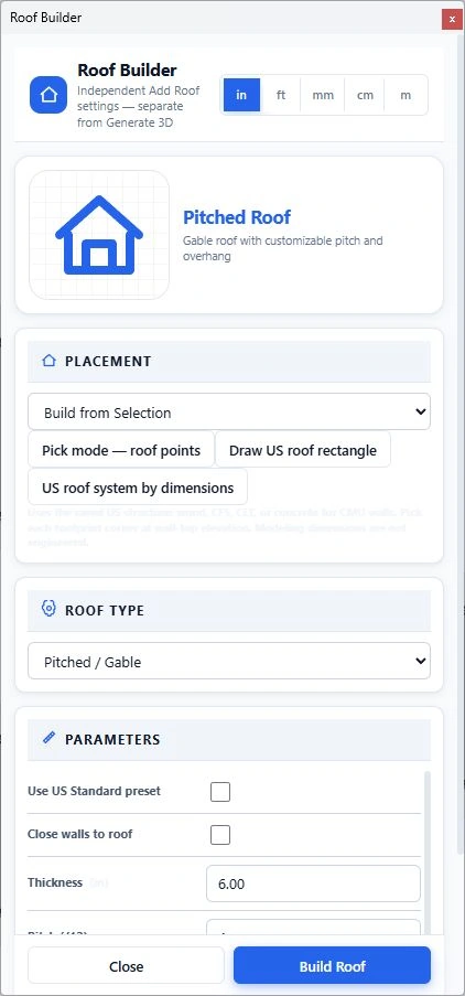 Roof Builder showing the US roof system by dimensions button