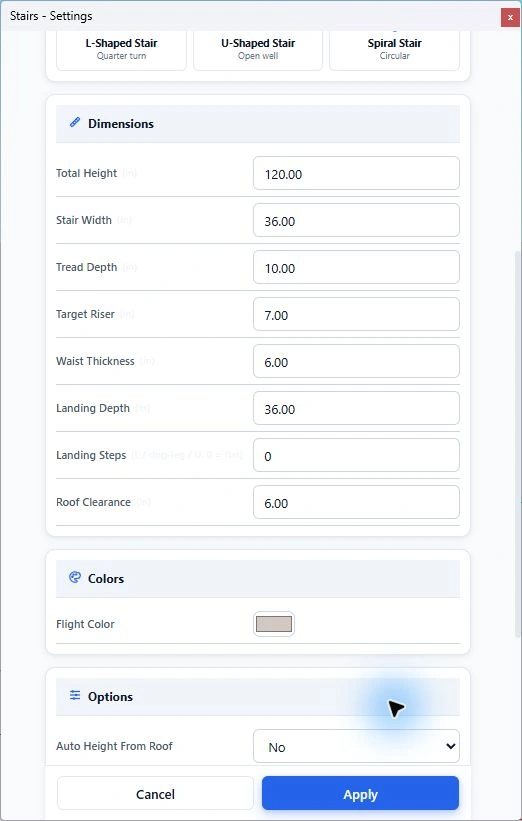 Stair settings showing height, width, tread, target riser, waist thickness and landing depth