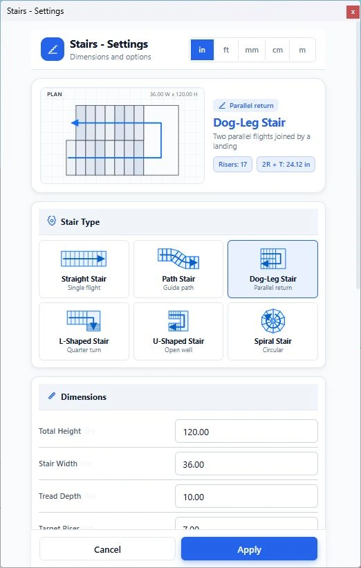 Stairs Settings with inch units and Dog-Leg Stair highlighted