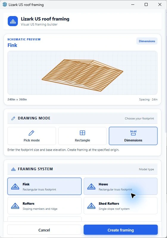 US roof framing builder with Fink trusses and Dimensions mode selected