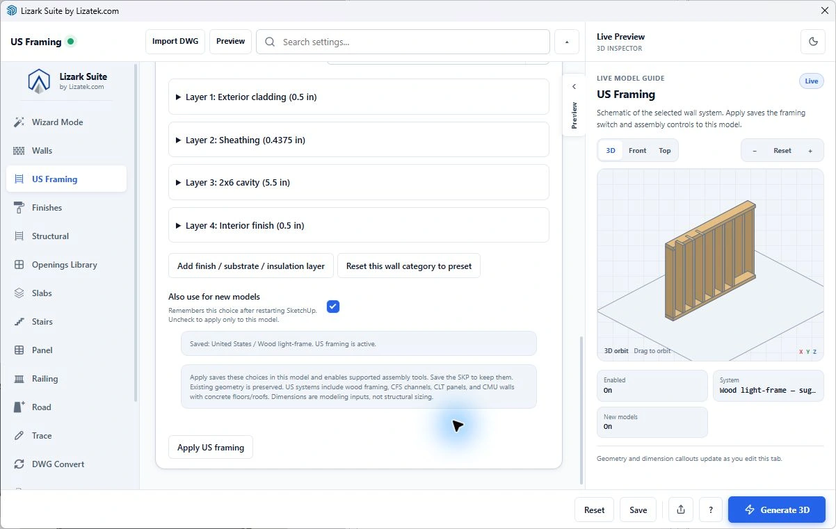 US wall assembly layers and the Apply US framing button in Lizark Settings