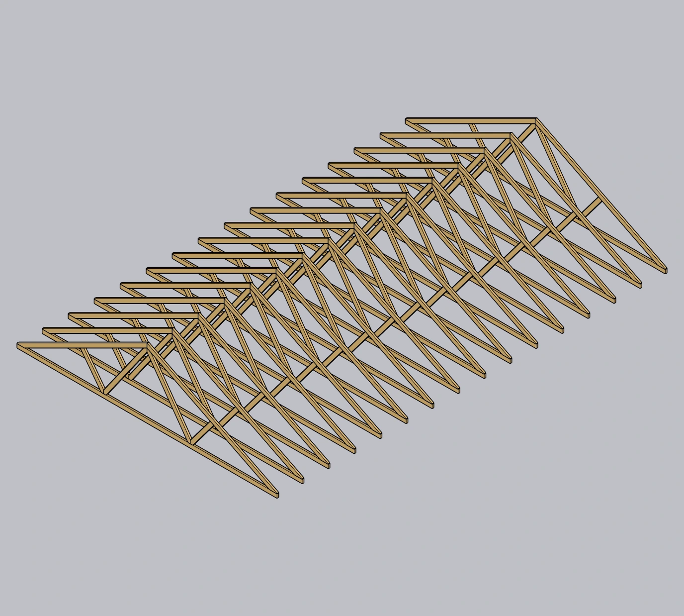 Fresh SketchUp capture of a repeated wood Fink truss roof study