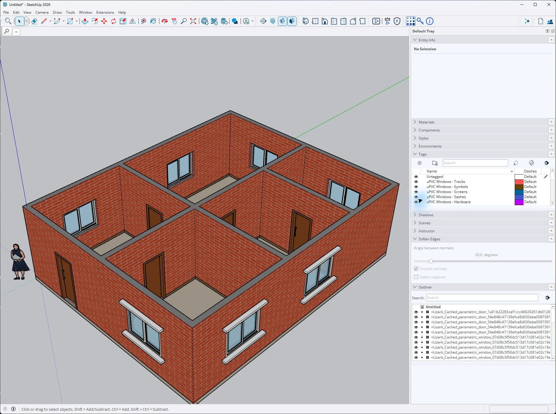 SketchUp Outliner showing separate door and window component instances