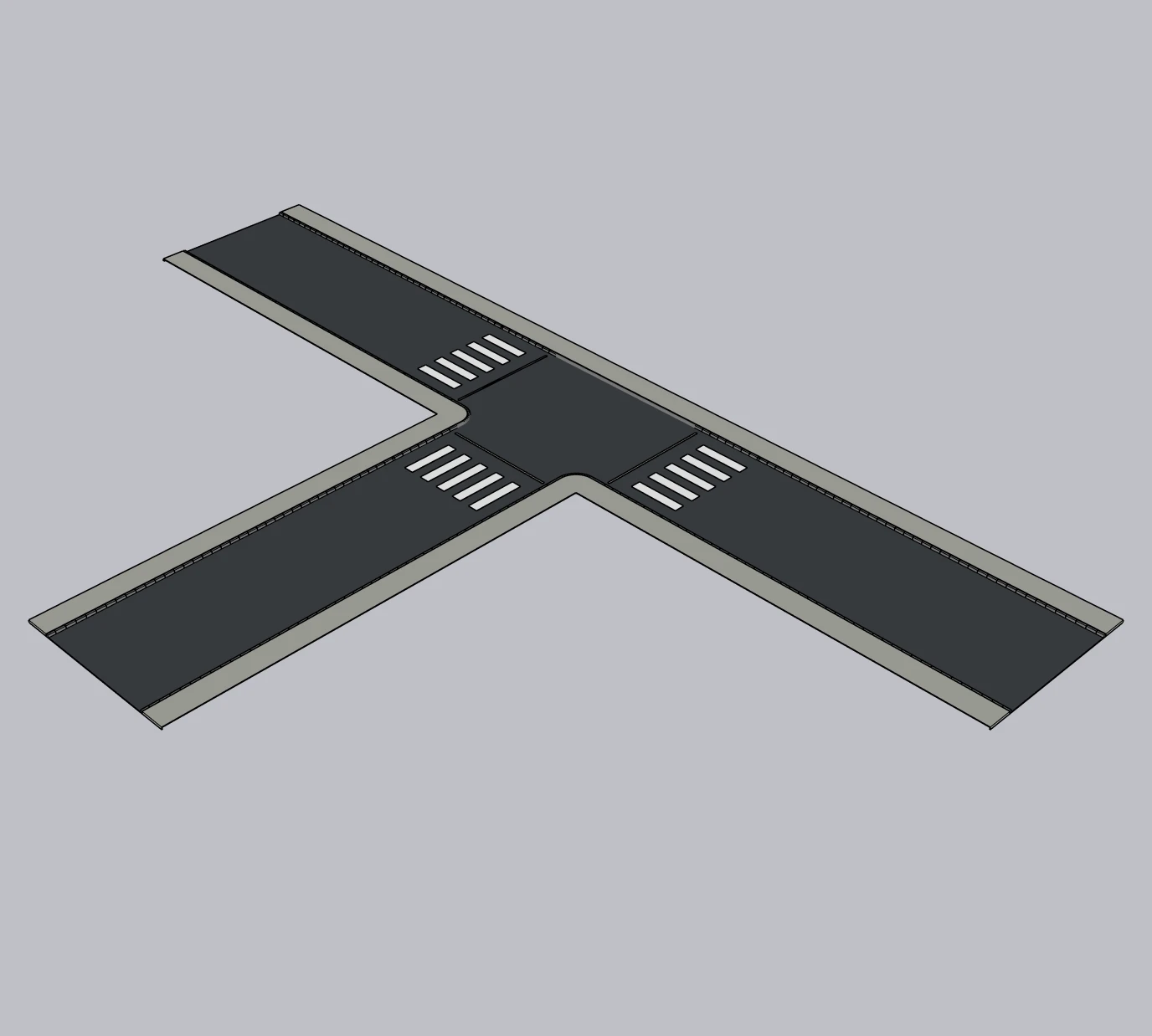 Perspective SketchUp road junction with carriageway, curved kerbs and crossing markings