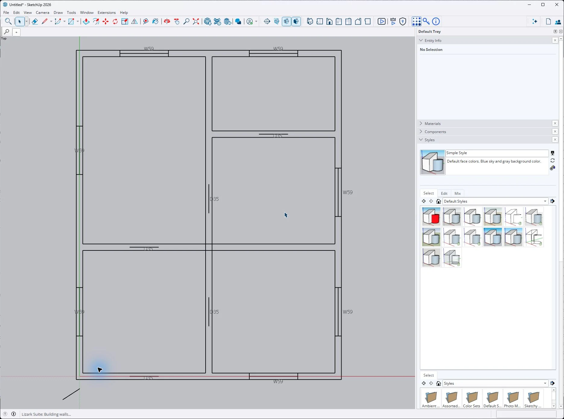 Lizark traced plan with wall linework and labeled door and window markers