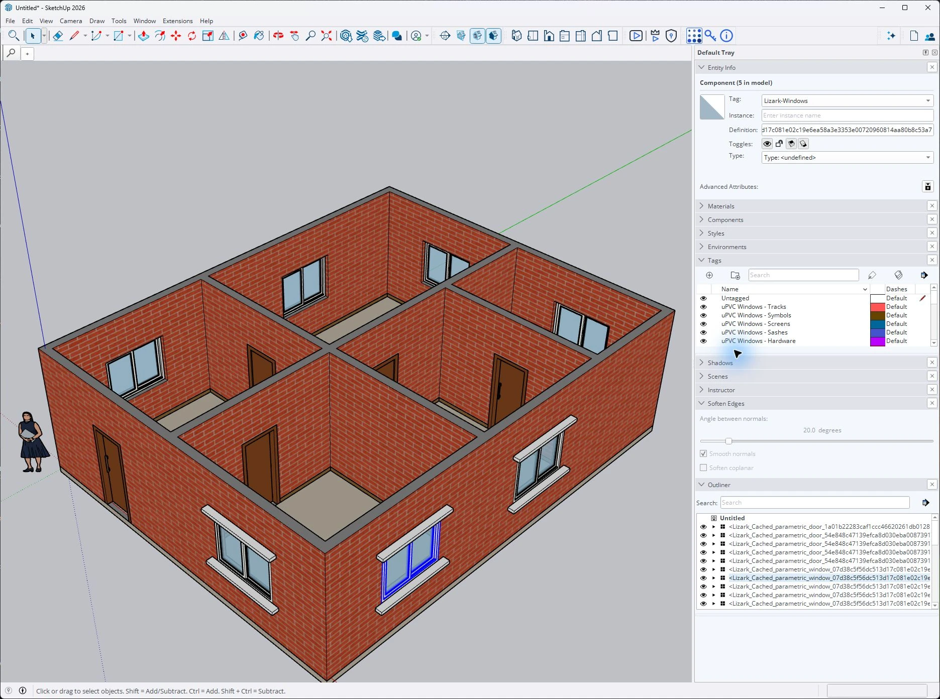 Selected front window outlined in blue in a Perspective SketchUp building view