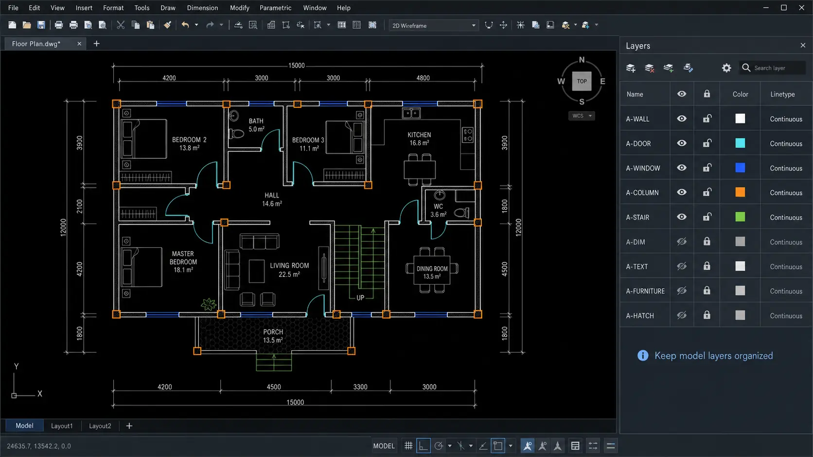 CAD floor plan with wall, door, window, column, stair, dimension, text, furniture, and hatch layers prepared for LizArk import