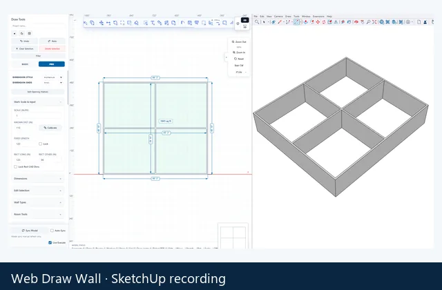 Lizark Web Draw Wall recording showing plan drawing and its SketchUp model