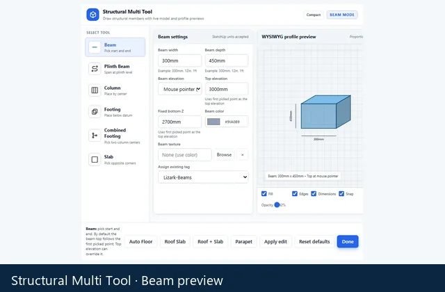Lizark structural placement interface with a beam preview