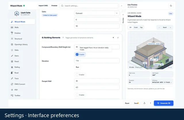 Lizark Settings interface used to configure interface preferences