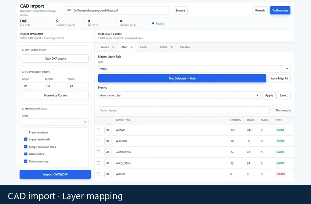 Lizark CAD import interface with layer mapping and scale controls