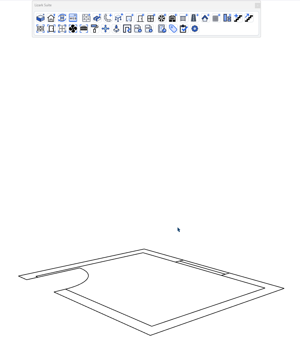 Animated LizArk one-click 3D demonstration generating an editable SketchUp building from prepared wall, door, and window plan linework