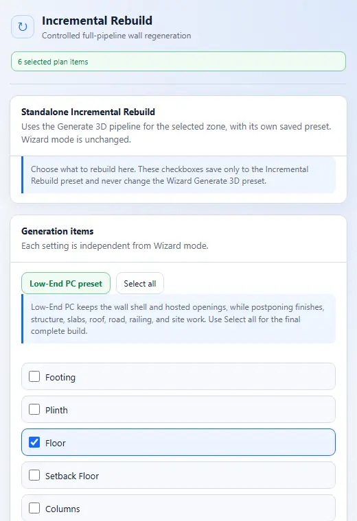 LizArk Incremental Rebuild dialog for regenerating selected SketchUp plan items without rebuilding the whole model