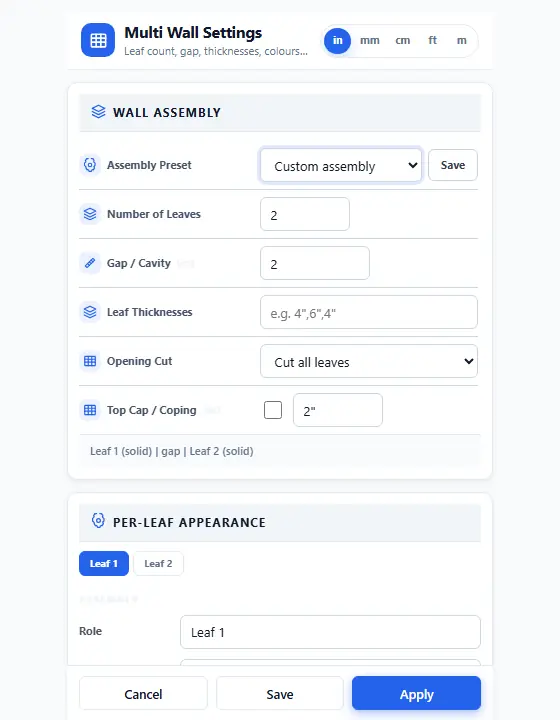 LizArk Multi Wall Settings for compound wall assemblies with leaf thicknesses, cavity gaps, materials, and opening cuts in SketchUp
