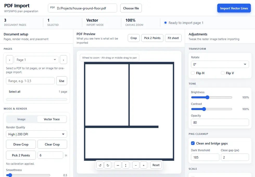 LizArk PDF Import dialog for vector floor plan tracing, page selection, cleanup, scaling, and SketchUp import