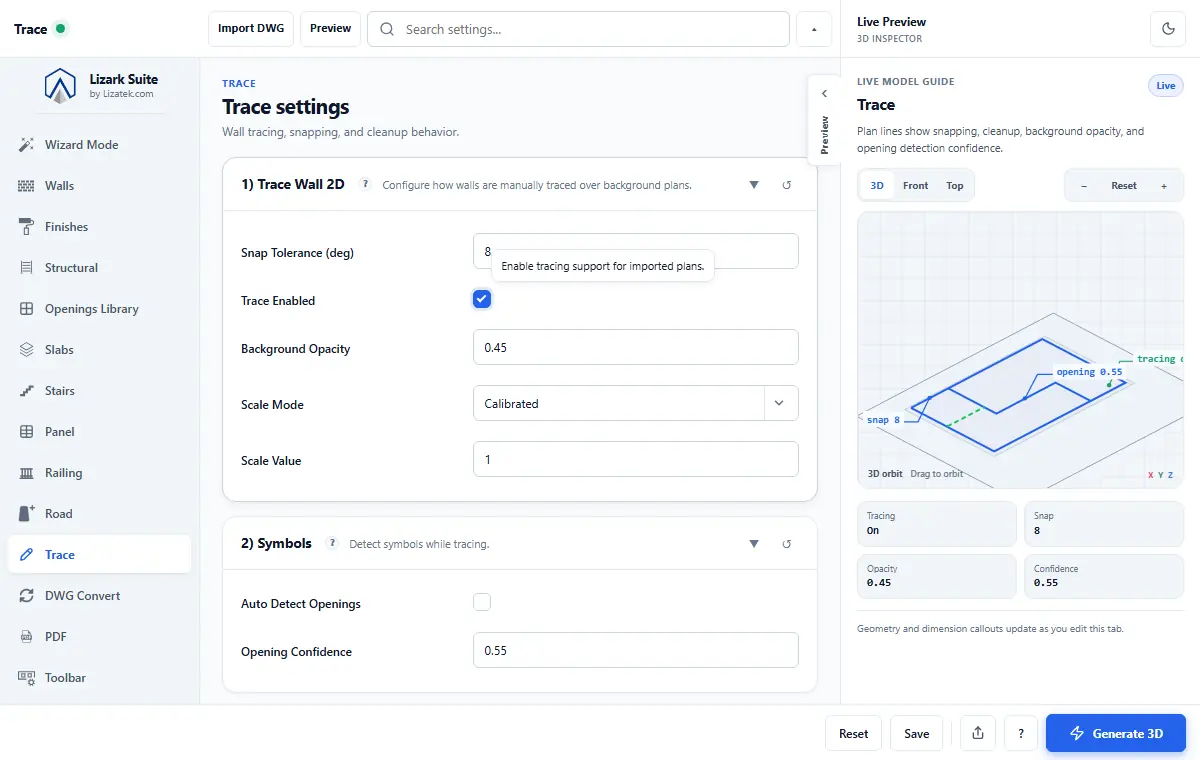 LizArk Settings Trace tab for calibrated plan tracing, snap tolerance, background opacity, and opening detection
