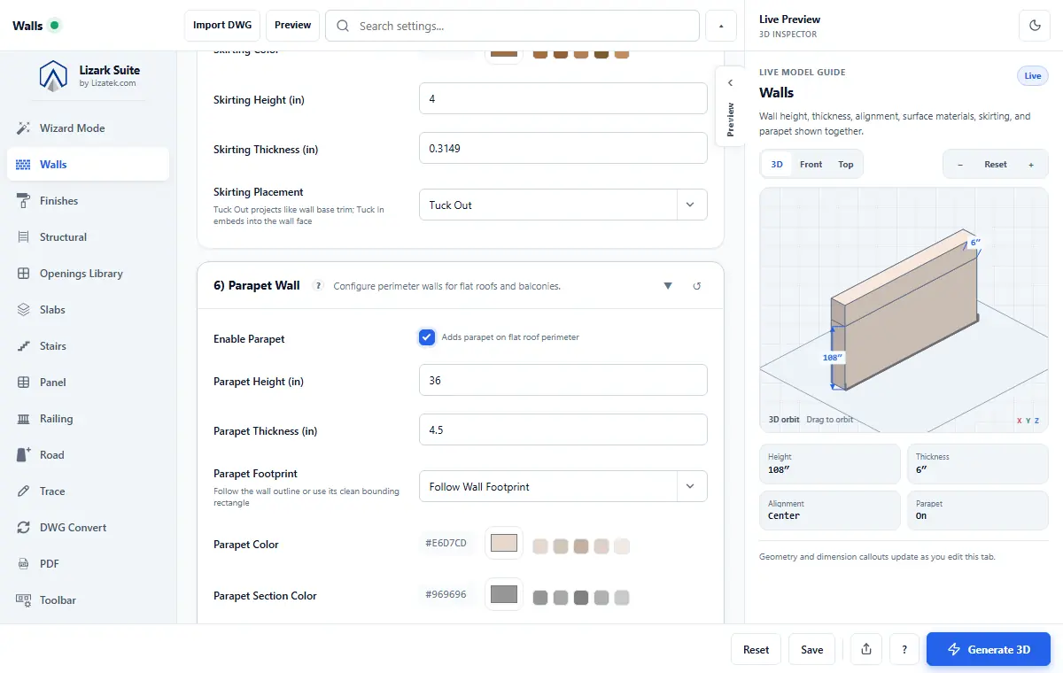LizArk Settings Walls tab for wall thickness, skirting, parapet, and live 3D SketchUp preview