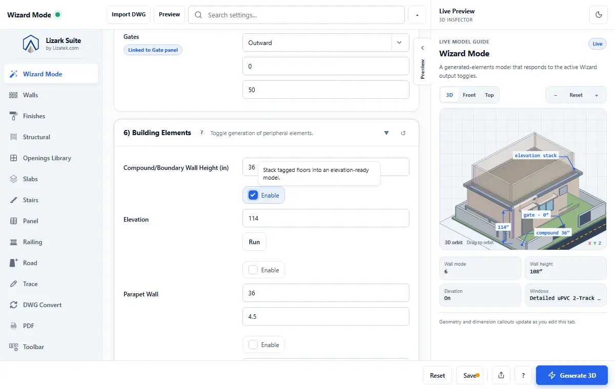 LizArk Settings Wizard Mode for wall defaults, building elements, and 2D floor plan to 3D SketchUp generation