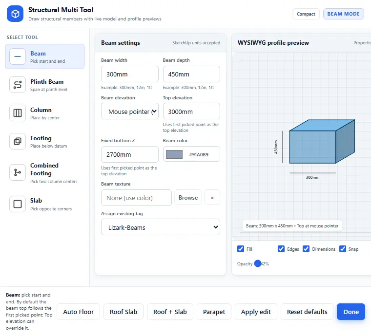 LizArk Structural Multi Tool for SketchUp beams, plinth beams, columns, footings, and slabs with live profile preview