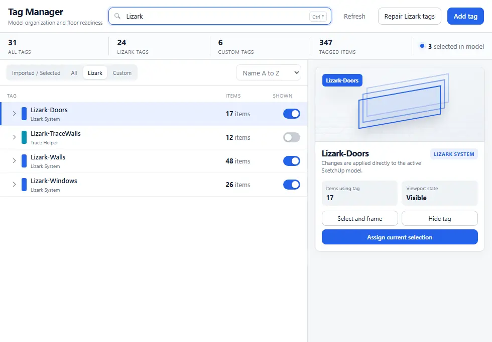 LizArk Tag Manager for organizing SketchUp model tags, visibility, selection assignment, and generation roles