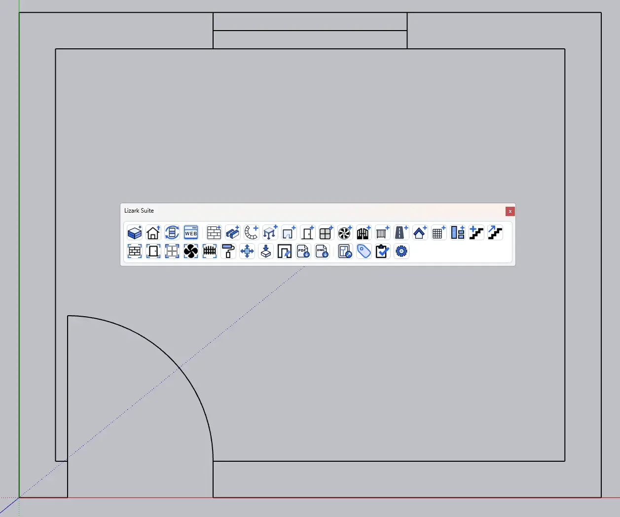 Sanitized room DXF imported into SketchUp as wall, door, and window linework with the LizArk toolbar open