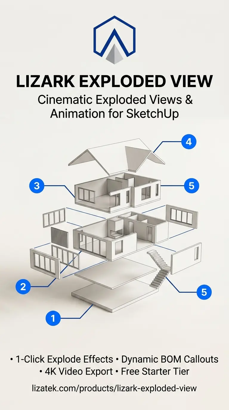 Lizark Exploded View plugin interface in SketchUp displaying 3D animated architectural explosion with dynamic leader lines, numbered BOM balloons, and timeline playback controls
