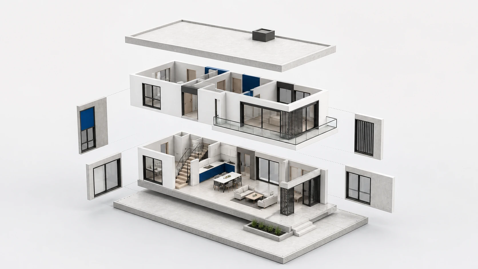 Exploded architectural house assembly with separated floors, interior rooms, roof, stairs, windows, and facade panels for animation and assembly documentation