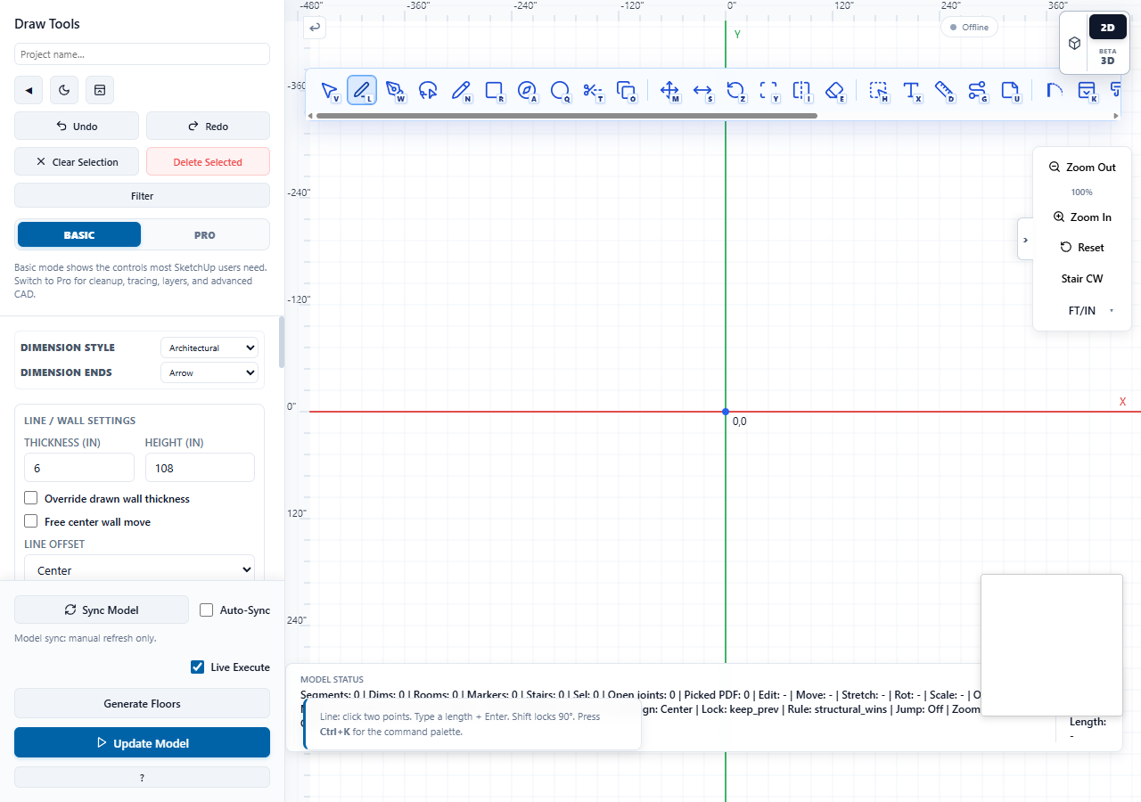 LizArk Web Draw Wall interface showing the left tool panel, CAD toolbar, and 2D canvas