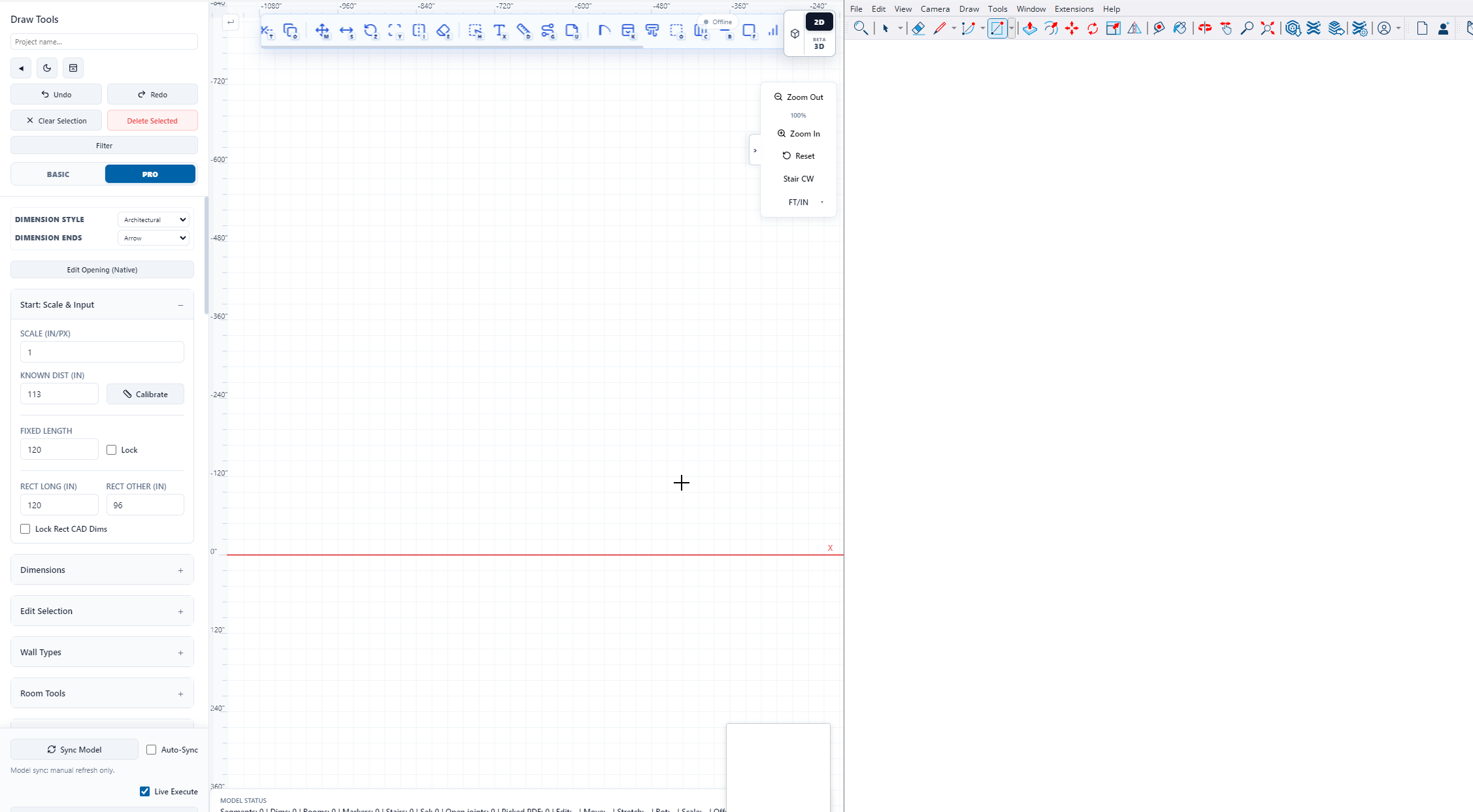 LizArk Web Draw Wall interface showing CAD-style canvas inside SketchUp