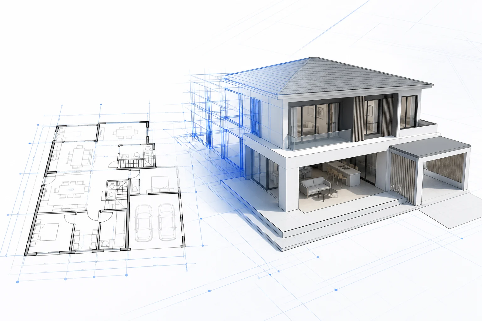 Architectural floor plan transformed into a clean SketchUp 3D house model