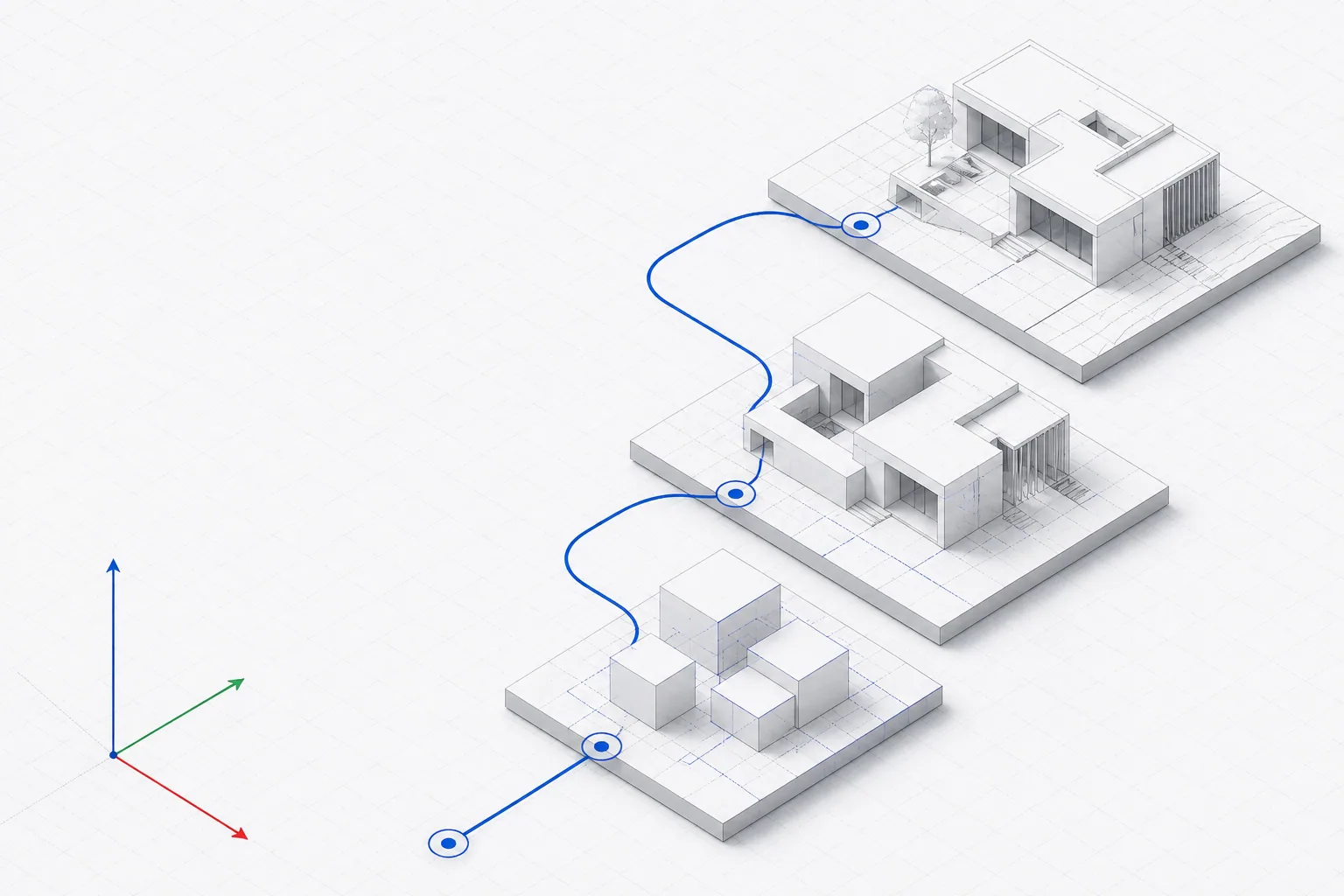 Isometric learning paths connecting simple architectural models on a drafting grid
