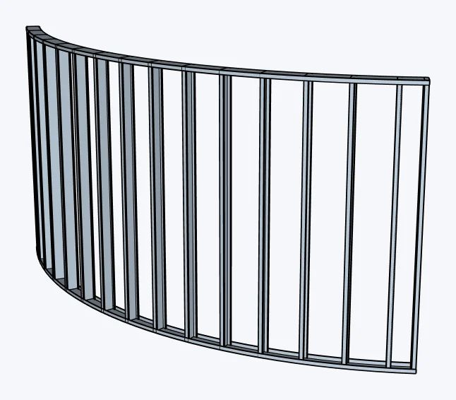Cold-formed steel (CFS) curved walls, channel skeleton, captured in SketchUp 2026 with Lizark