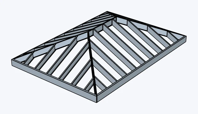 Cold-formed steel (CFS) hip roofs, exposed channels, captured in SketchUp 2026 with Lizark