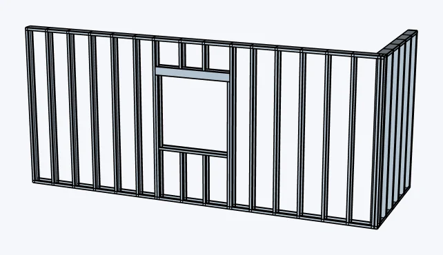 Cold-formed steel (CFS) straight walls with a window opening, channel skeleton, captured in SketchUp 2026 with Lizark