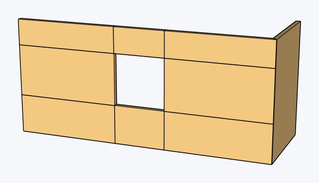 Mass timber / CLT straight walls with a window opening, exposed panel core, captured in SketchUp 2026 with Lizark