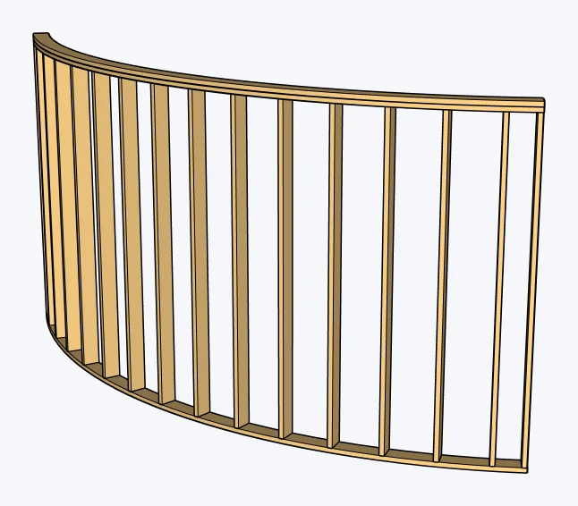 Wood light-frame curved walls, stud skeleton, captured in SketchUp 2026 with Lizark