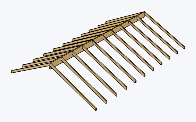 Wood light-frame gable roofs, exposed framing, captured in SketchUp 2026 with Lizark