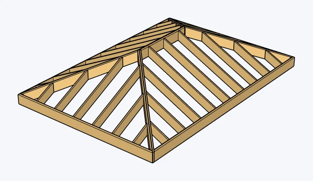 Wood light-frame hip roofs, exposed framing, captured in SketchUp 2026 with Lizark